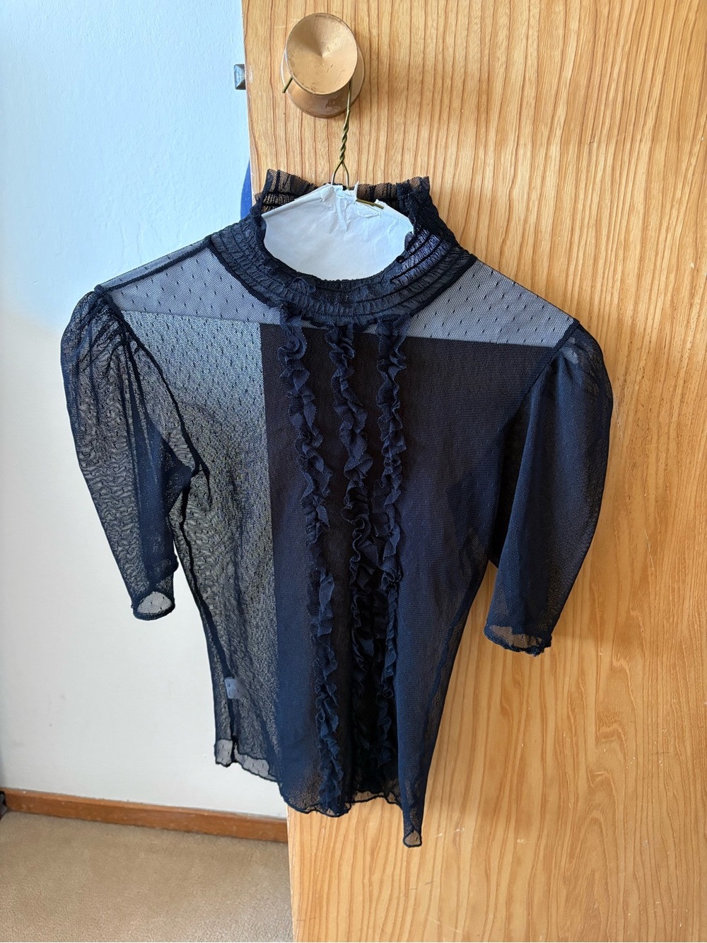 Vintage Black Sheer Ruffle High-Neck Tee